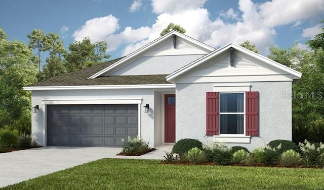 single story home featuring stucco siding, roof with shingles, concrete driveway, and an attached garage