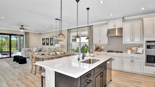 kitchen featuring backsplash, crown molding, under cabinet range hood, appliances with stainless steel finishes, and a sink