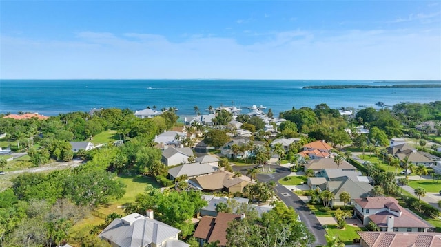 drone / aerial view with a residential view and a water view