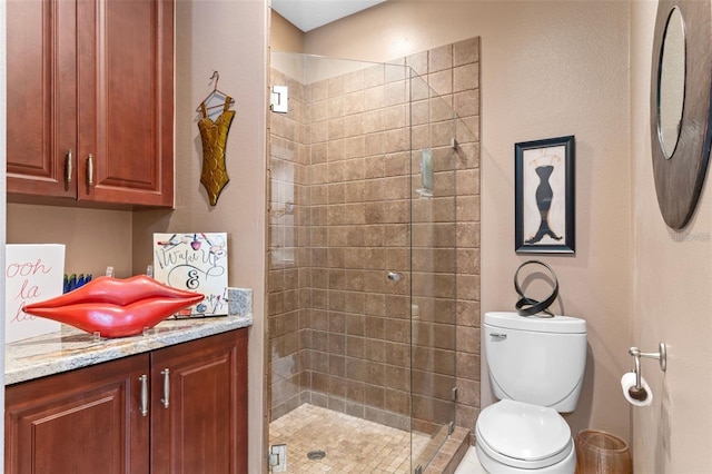 bathroom featuring tiled shower, toilet, and vanity