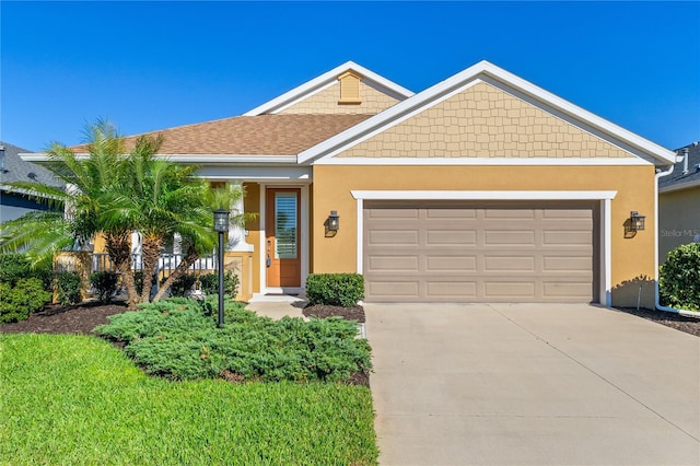 view of front facade with a shingled roof, a garage, driveway, and stucco siding