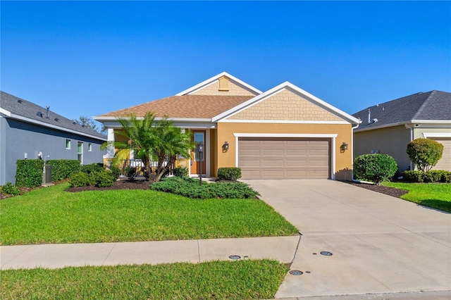 ranch-style house with stucco siding, driveway, an attached garage, and a front lawn