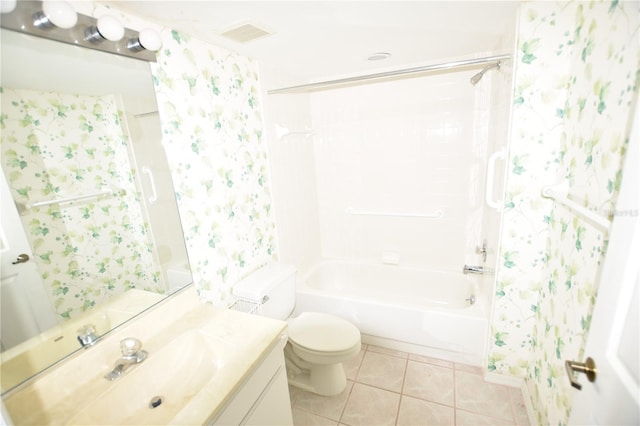 bathroom with visible vents, tub / shower combination, toilet, tile patterned floors, and vanity