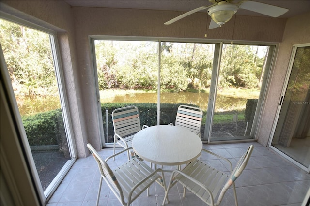 sunroom featuring ceiling fan