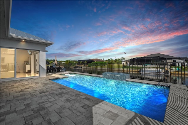 view of pool featuring a fenced in pool, outdoor dining area, a patio, and fence