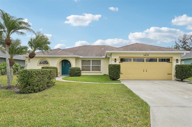 single story home with a shingled roof, stucco siding, concrete driveway, a front lawn, and a garage