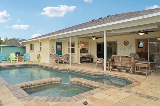 view of swimming pool with outdoor dining space, a pool with connected hot tub, a patio, outdoor lounge area, and ceiling fan