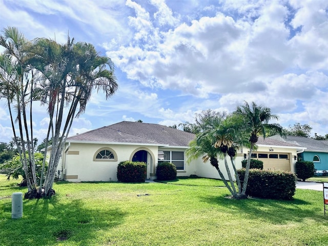 ranch-style home with a front yard, roof with shingles, stucco siding, an attached garage, and driveway