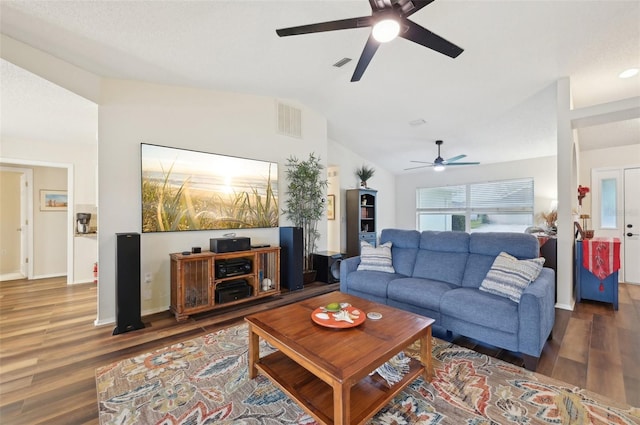 3419 31st St E, Bradenton, FL 34208 - living area with a ceiling fan, wood finished floors, lofted ceiling, and baseboards