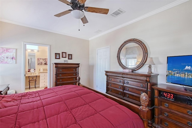 bedroom with ceiling fan, ensuite bath, visible vents, and ornamental molding