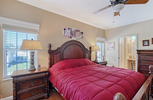 bedroom featuring crown molding, a ceiling fan, and connected bathroom