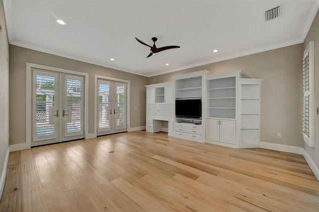unfurnished living room featuring crown molding, light wood-style flooring, french doors, visible vents, and a ceiling fan