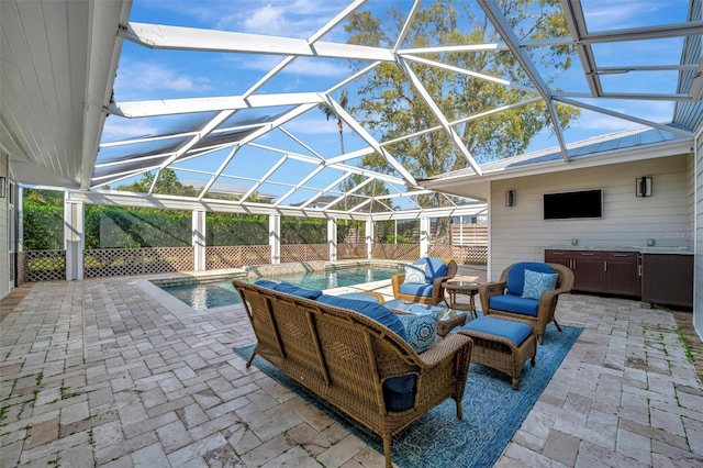 view of patio featuring an outdoor hangout area, a lanai, and an outdoor pool