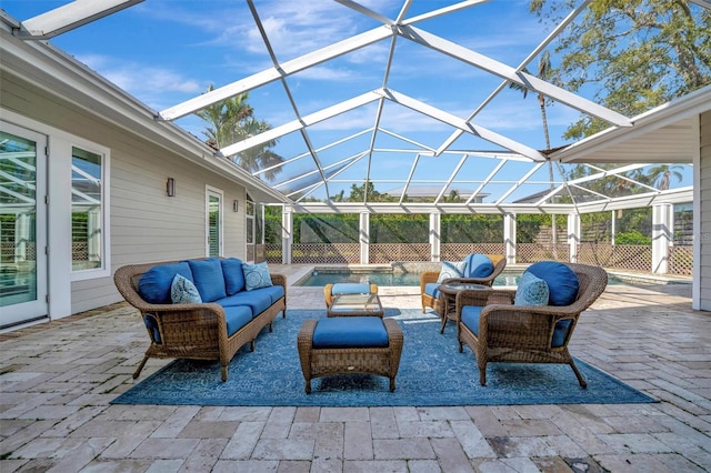 view of patio with an outdoor hangout area, a fenced in pool, and a lanai
