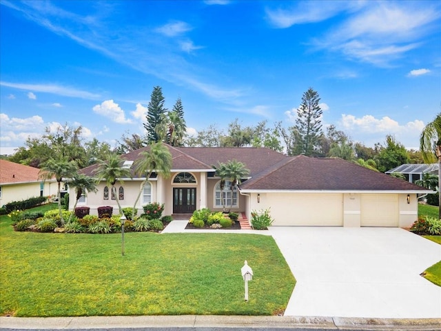 view of front facade featuring stucco siding, driveway, an attached garage, and a front lawn