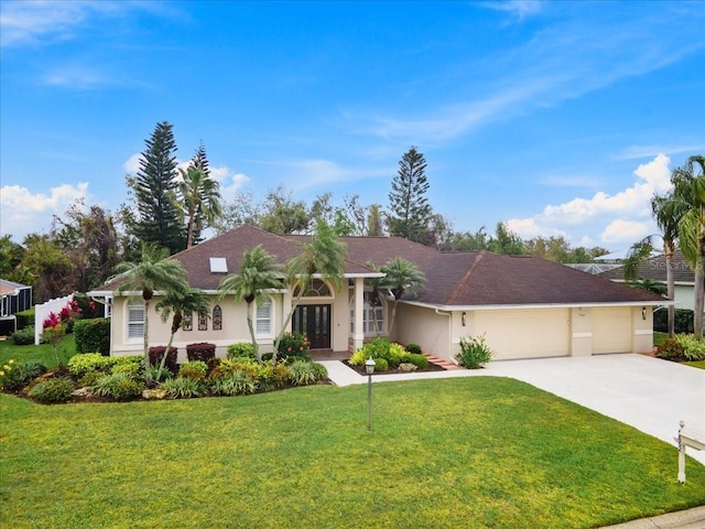 ranch-style home featuring stucco siding, a garage, concrete driveway, and a front lawn