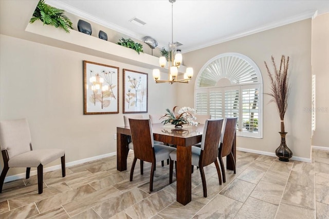 dining space featuring a chandelier, visible vents, baseboards, and ornamental molding