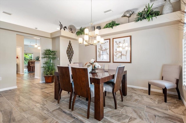 dining area featuring a chandelier, visible vents, stairway, and baseboards