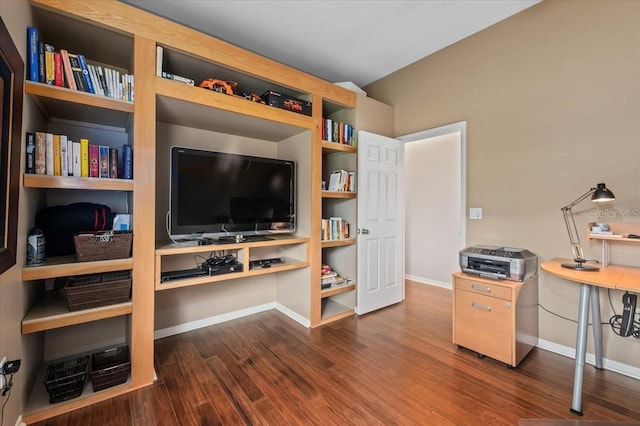 office with baseboards and dark wood-style flooring