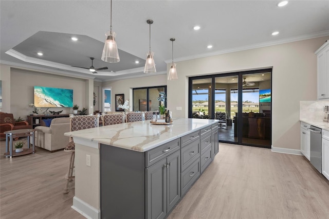 kitchen with dishwasher, crown molding, and gray cabinets