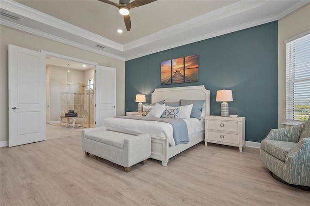 bedroom featuring crown molding, baseboards, visible vents, and light wood-type flooring