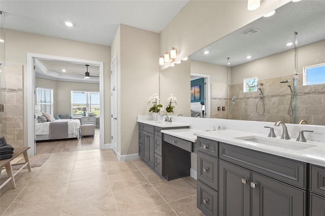 ensuite bathroom featuring visible vents, a ceiling fan, a walk in shower, connected bathroom, and tile patterned flooring