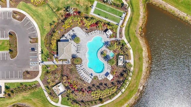 drone / aerial view featuring a water view