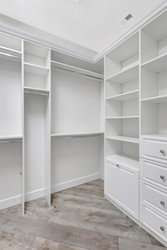 walk in closet with visible vents and light wood finished floors