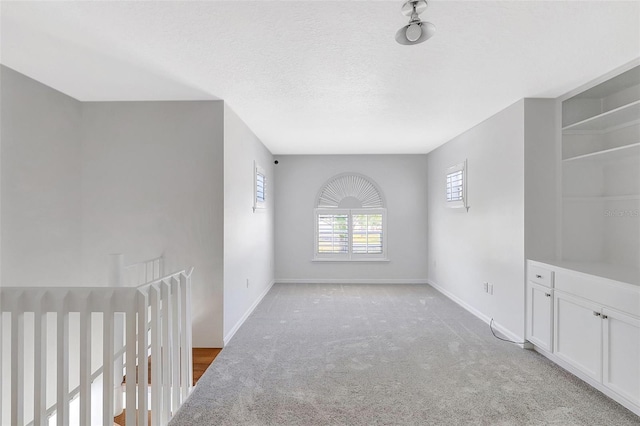 interior space featuring baseboards, carpet floors, and a textured ceiling