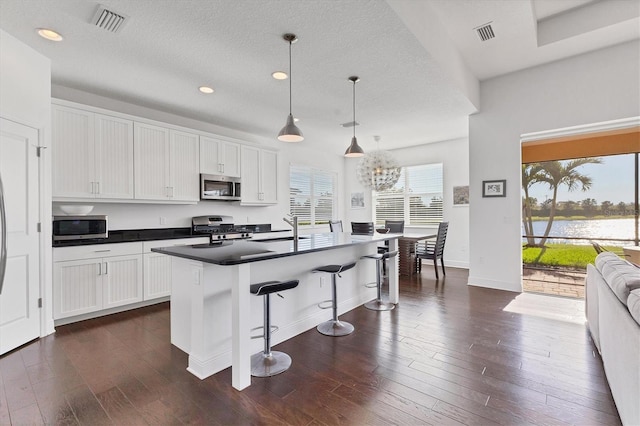 kitchen with visible vents, a sink, dark countertops, dark wood finished floors, and stainless steel appliances