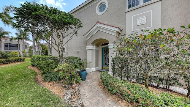 entrance to property with stucco siding and a yard