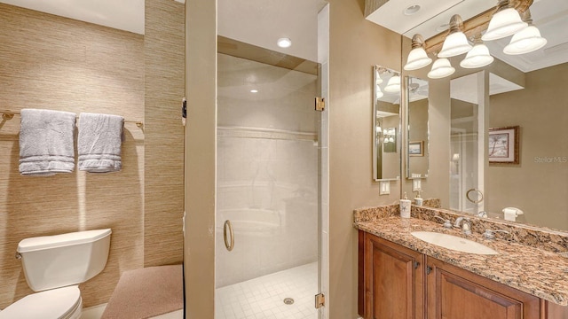 bathroom with a stall shower, toilet, and vanity