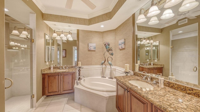 bathroom with visible vents, ornamental molding, a sink, a shower stall, and a bath