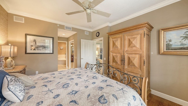 bedroom with visible vents, baseboards, and ornamental molding