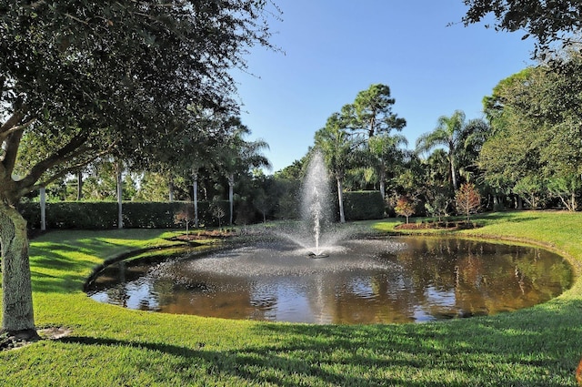 view of property's community with a yard and a water view