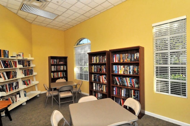 office with baseboards and dark colored carpet