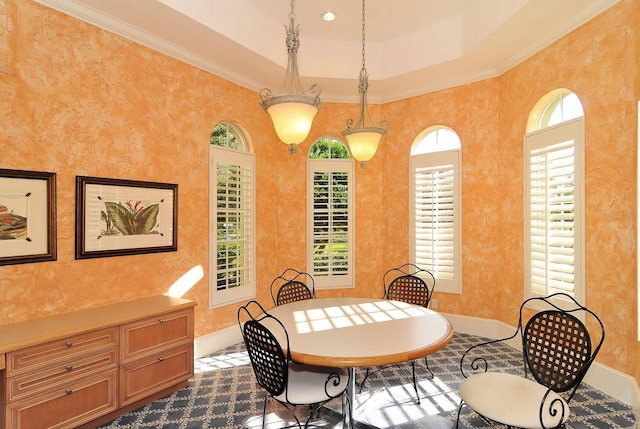 dining room with a raised ceiling and baseboards