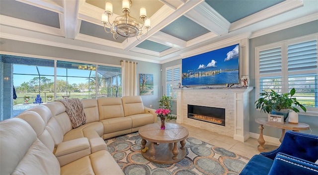 tiled living room featuring baseboards, coffered ceiling, beam ceiling, a fireplace, and crown molding