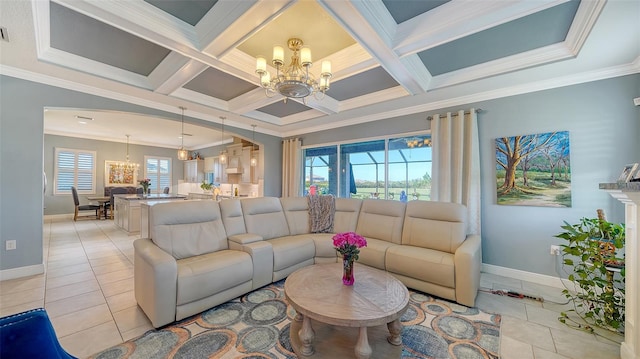 living room with light tile patterned floors, a notable chandelier, and coffered ceiling