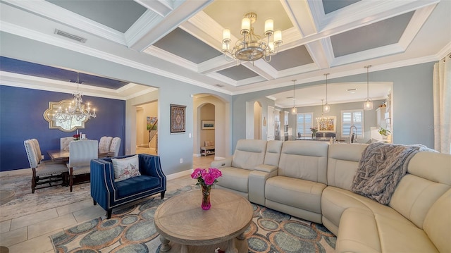 tiled living room with visible vents, beam ceiling, coffered ceiling, arched walkways, and a chandelier