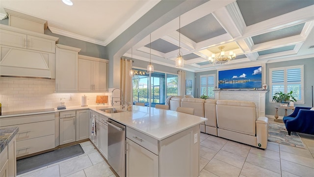 kitchen featuring black electric stovetop, open floor plan, dishwasher, a peninsula, and a sink