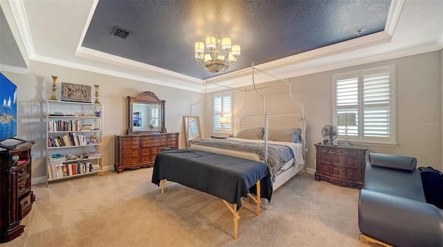 bedroom featuring visible vents, carpet flooring, an inviting chandelier, a textured ceiling, and a raised ceiling