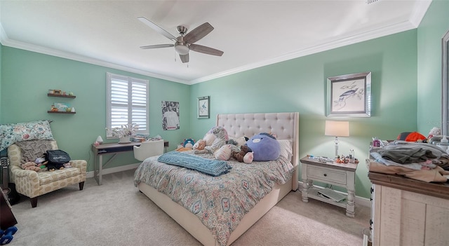 bedroom featuring carpet flooring, baseboards, and ornamental molding