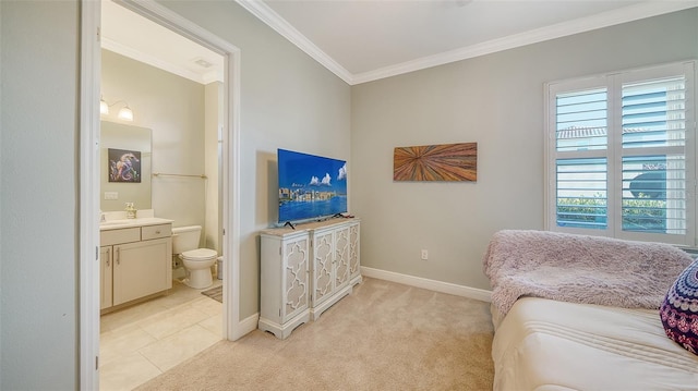 living room with light colored carpet, baseboards, and ornamental molding