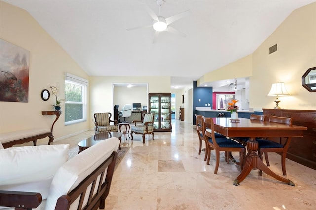 dining room featuring a ceiling fan, visible vents, high vaulted ceiling, french doors, and marble finish floor