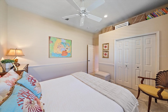 carpeted bedroom with recessed lighting, a closet, and ceiling fan