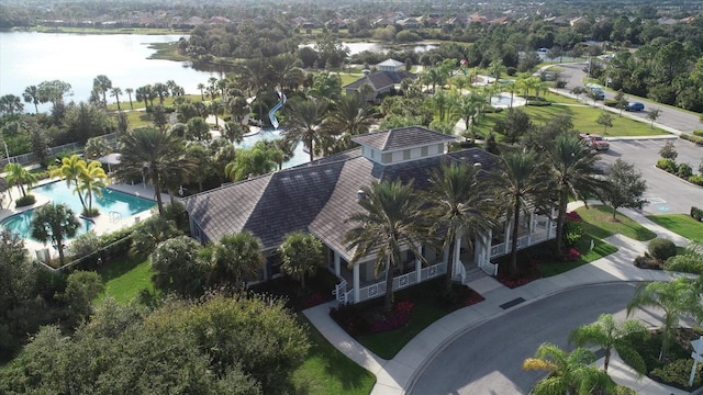 drone / aerial view featuring a water view