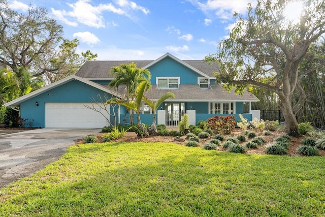 view of front facade featuring concrete driveway, fence, a garage, and stucco siding