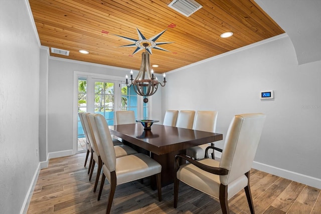 dining area featuring wooden ceiling, crown molding, baseboards, and wood finished floors