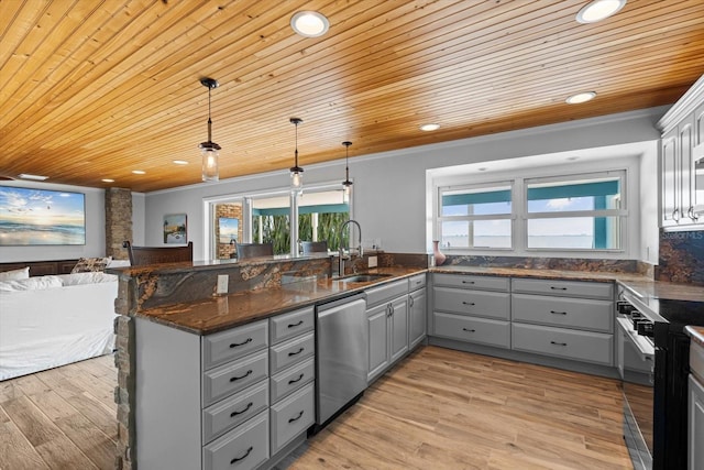 kitchen with gray cabinets, electric range oven, a sink, stainless steel dishwasher, and open floor plan